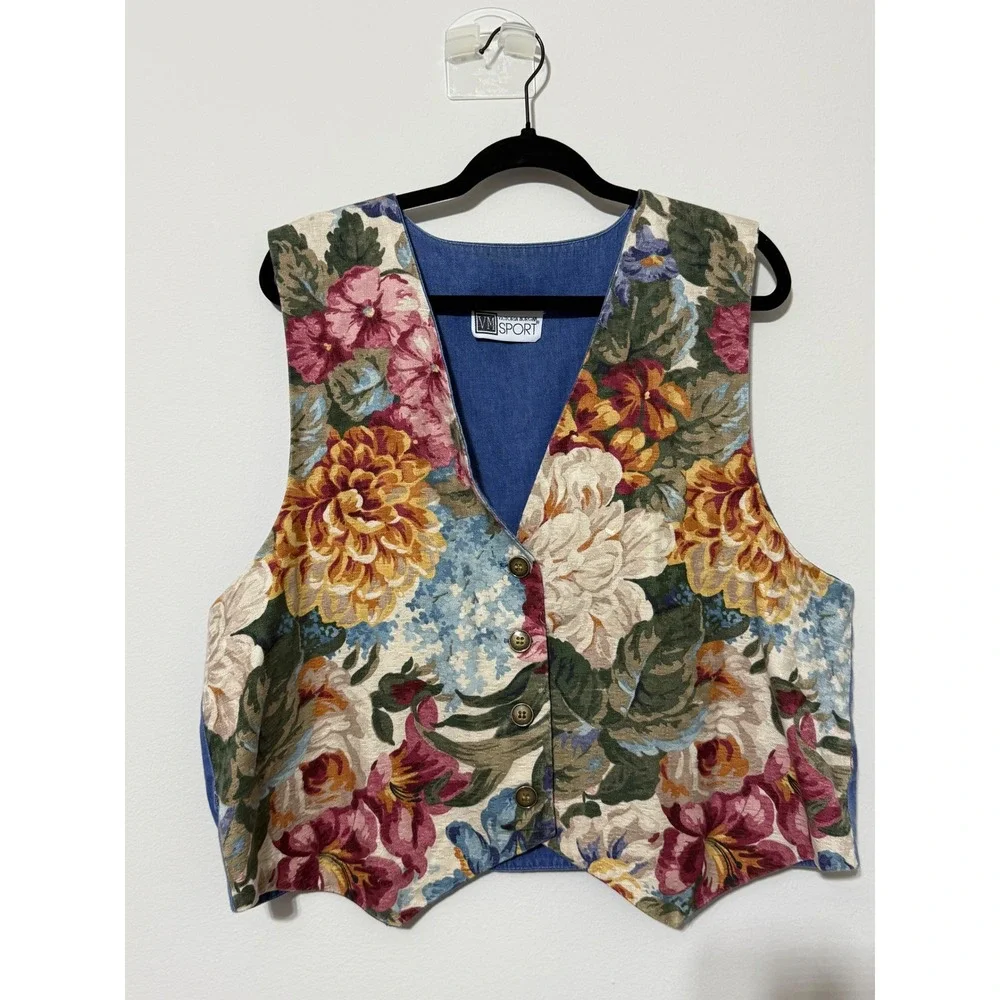 Vintage Floral Tapestry Vest Blue Denim Back Button Front Boho Cottagecore Women